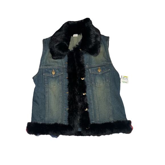 Cejon Denim Vest with Black Rabbit Trim – Y2K Vintage Style Size Large - Picture 7 of 9